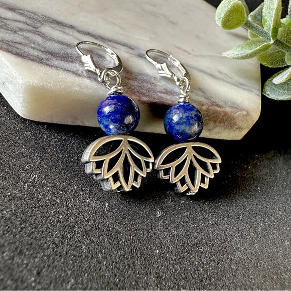 Lapis Lazuli Earrings with Lotus Flower Sterling Silver Lever Back - Picture 11 of 11